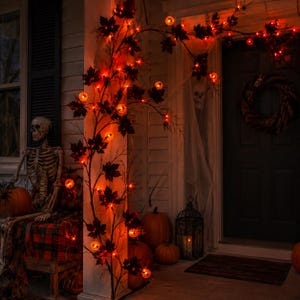 Gałązki świateł Halloween w kształcie gałek ocznych, fioletowo-pomarańczowa girlanda z liści klonu, podświetlana dekoracja w kształcie pająka, upiorna gotycka dekoracja ścienna i kominkowa