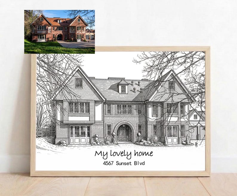 Custom House Portrait Sketch, Personalized Line Art Print, New Home ...
