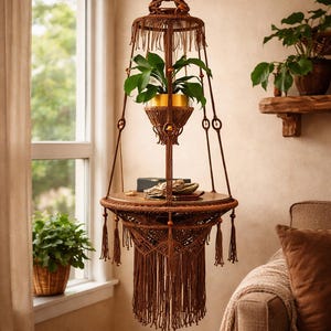 May include: A hanging macrame plant stand with a round wooden table and a plant in a gold pot. The brown macrame has a fringed bottom and is suspended from the ceiling. The stand is in a room with a window and a sofa.