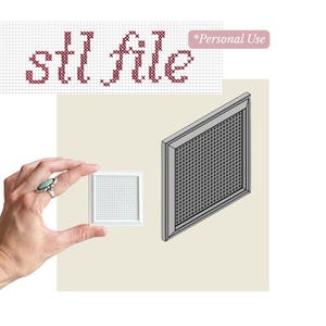 May include: A digital file for 3D printing, labeled as an stl file for personal use, featuring a small white square grid panel and a larger gray isometric rendering of the same square grid panel with a detailed frame and internal mesh pattern.
