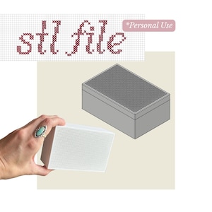 May include: A white rectangular box with a perforated top surface featuring a grid of small holes. The image includes a digital illustration of the same box in gray and the text "stl file" in a red cross-stitch font and "*Personal Use" in a pink box.