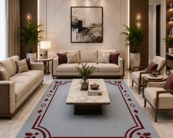 Hand Tufted Wool Rug Traditional Border Grey Maroon Living Room Carpet Custom Area Rugs Aesthetic Minimalist Bedroom Rug Large Carpet 8x10