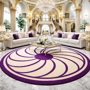Modern Round Purple Swirl Rug Hand-Tufted Wool Area Carpet for Living Room Luxury Abstract Circle Rug Bold Swirls Art Decor Custom Rugs