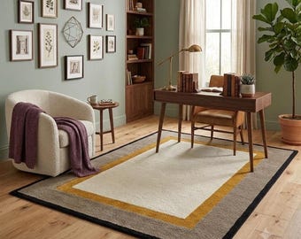 Hand Tufted Modern Border Rug, Minimalist Wool Area Rug, Luxury Living Room Carpet, Custom Handmade Bedroom Rug, Neutral Decor