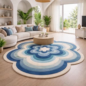 Luxury Hand Tufted Rug, Blue Floral Abstract Rug, Handmade Wool Area Rug, Modern Living Room Carpet, Designer Statement Rug, Custom Size Rug
