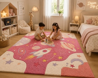 Hand-Tufted Outer Space Nursery Rug, Cute Pastel Pink Galaxy Kids Room Carpet, Soft Wool Celestial Playroom Decor, Whimsical Rocket Area