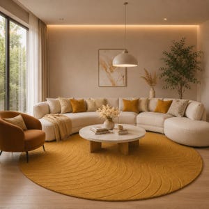 Luxury Round Hand Tufted Rug, Mustard Yellow Area Rug, Handmade Wool Carpet, Modern Abstract Living Room Decor Rug custom sizes available