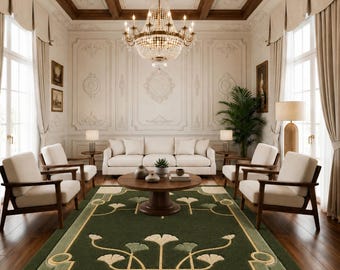 Luxury Green Hand Tufted Wool Rug, Art Nouveau Floral Area Rug, Custom Handmade Living Room Carpet, Modern Designer Rug
