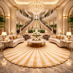 Handmade Luxury Round Sunburst Rug, Beige Gold Area Rug, Hand Tufted Bedroom Carpet, Modern Elegant Floor Rug, Custom Size Rug Decor