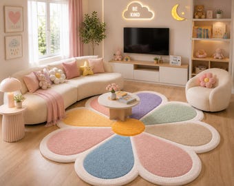 Large Flower Shaped Rug, Pastel Daisy Area Rug, Kids Playroom Carpet, Cute Nursery Rug, Soft Hand Tufted Living Room Decor