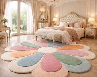 Hand Tufted Flower Shape Rug, Pastel Floral Area Rug, Luxury Living Room Carpet, Soft Wool Rug, Aesthetic Bedroom Decor Rug