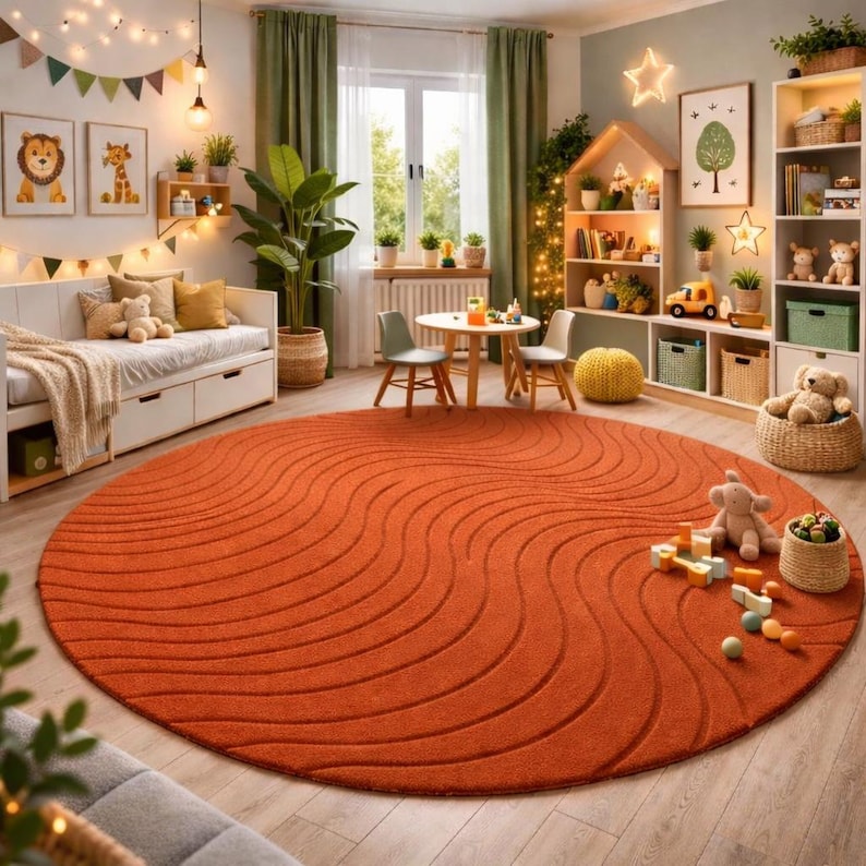 Round Burnt Orange Rug, Modern Abstract Tufted Carpet, Luxury Living Room Area Rug, Soft Handmade Floor Decor, Custom Size Rug image 4