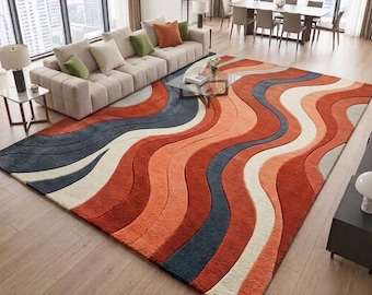 Hand Tufted Abstract Wave Rug, Modern Wool Area Rug, Luxury Living Room Carpet, Custom Handmade Designer Rug, Bedroom Decor