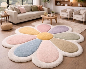 Luxury Handmade Flower Rug, Hand Tufted Pastel Area Rug, Aesthetic Floral Carpet, Kids Room Rug, Modern Boho Living Room Decor, Soft Plush