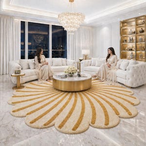 Hand Tufted Flower Rug - Modern Scalloped Cream Yellow Wool Area Carpet, Luxury Plush Aesthetic Bedroom Rug Unique Floral Decor