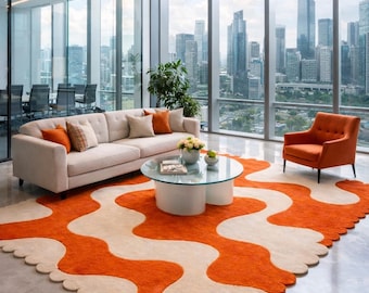Mid Century Modern Rug Retro Wavy Orange Cream Hand Tufted Wool Rug Custom Scalloped Large Area Rug 8x10 Ft Living Room Aesthetic ALVIRUGS