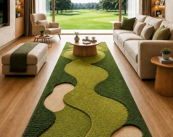Hand Tufted Green Abstract Runner Rug, Modern Golf Course Inspired Wool Area Rug, Luxury Hallway Carpet, Custom Handmade Rug
