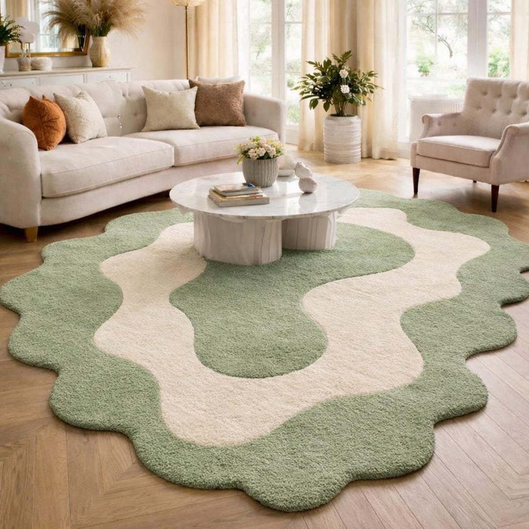 Organic Shaped Green Cream Tufted Rug, Abstract Modern Area Rug ...