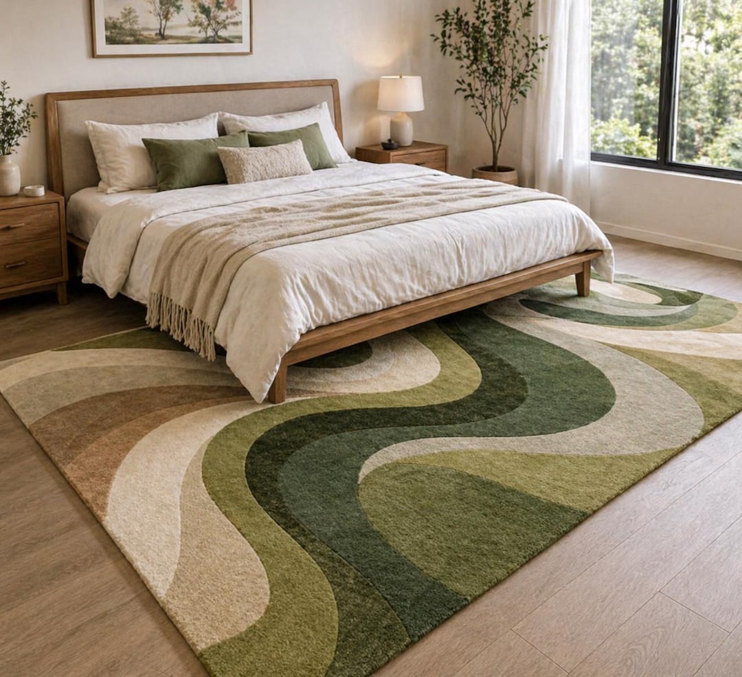 Patterned Green Rug Abstract Design Hand Tufted Abstract Green Rug, Modern Wavy Design Carpet, Wool Area ...