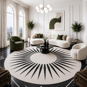 Hand tufted Modern Black and White Round Rug, Minimalist Sunburst Area Rug, Hand Tufted Living Room Carpet, Contemporary Home Decor