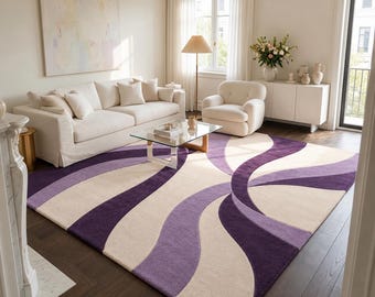 Modern Abstract Purple Rug, Hand Tufted Wool Carpet, Luxury 3D Wave Pattern Large Area Rugs for Living Room Bedroom Area Decor, 8x10 Ft Rug