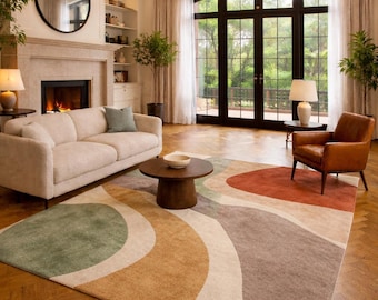Luxury Hand Tufted Rug, Modern Abstract Area Rug, Earth Tone Carpet, Handmade Wool Rug, Contemporary Bedroom Rug, Geometric Organic Design,