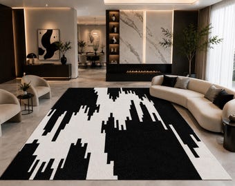 Modern Abstract Rug 8x10 ft - Black and White Geometric Area Rug - Hand Tufted Wool Rug for Living Room - Luxury Minimalist Large Carpet