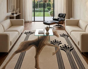 Art Deco Modern Hand Tufted Wool Rug, Abstract Horse Living Room Area Carpet, Cream Brown Mid Century Aesthetic Floor Decor, Large custom