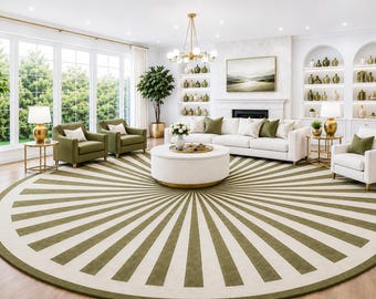 Olive Green Sunburst Round Rug, Handmade Tufted Wool Area Rug, Modern Luxury Living Room Carpet, Custom Circular Rug Decor