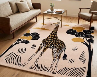 Modern Giraffe Hand Tufted Rug - Cute Animal Wool Area Rugs for Nursery, Kids Room & Aesthetic Living Room Decor, Custom 8x10 Ft Large Rug"