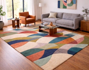 Hand Tufted Modern Abstract Area Rug, Colorful Geometric Wool Carpet, Livin Designer Floor Decor, Custom Size Available