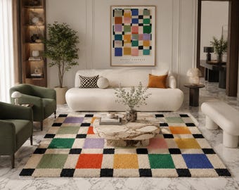 Colorful Geometric Hand Tufted Rug, Modern Wool Area Rug, Luxury Living Room Carpet, Custom Handmade Checkered Rug custom size available