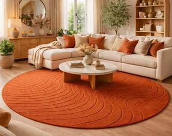 Round Burnt Orange Rug, Modern Abstract Tufted Carpet, Luxury Living Room Area Rug, Soft Handmade Floor Decor, Custom Size Rug