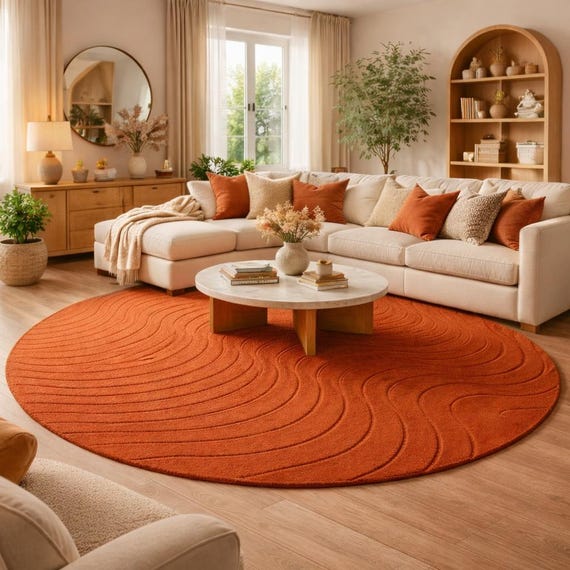 Round Burnt Orange Rug, Modern Abstract Tufted Carpet, Luxury Living Room Area Rug, Soft Handmade Floor Decor, Custom Size Rug
