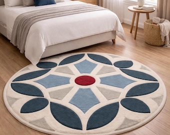Luxury Round Hand Tufted Rug, Geometric Floral Pattern Carpet, Modern Blue Beige Area Rug, Handmade Wool Rug, Bedroom Living Room Decor