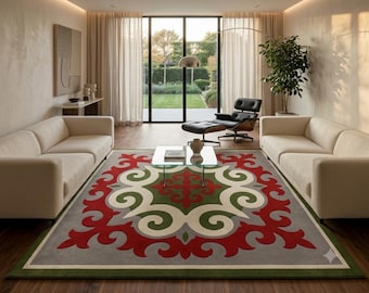 Hand Tufted Wool Rug Bold Central Asian Medallion Carpet Red Green Shyrdak Style Modern Tribal Living Room Rug Large Area Rugs 8x10 Ft