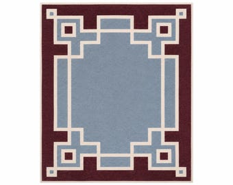 Hand Tufted Geometric Wool Rug, Modern Blue & Burgundy Area Rug, Luxury Custom Carpet, Living Room Bedroom Handmade Rug