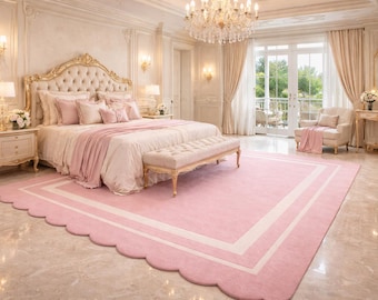 Luxury Pink Hand Tufted Rug, Scalloped Edge Area Rug, Handmade Soft Pastel Carpet, Princess Bedroom Decor Rug, Custom Size Nursery rug