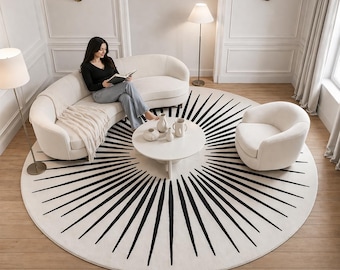 Hand tufted Modern Black and White Round Rug, Minimalist Sunburst Area Rug, Hand Tufted Living Room Carpet, Contemporary Home Decor