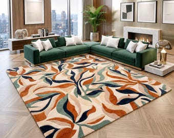 Hand Tufted Wool Rug Modern Abstract Botanical Area Carpet Green Terracotta 8x10 Luxury Thick Pile Rug Custom Living Room Large Deco
