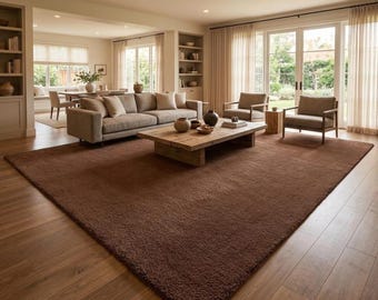 Plush Chocolate Brown Area Rug, Modern Minimalist Hand Tufted Wool Carpet, Cozy Plain Solid Rug for Living Room, Premium New Zealand Wool
