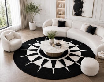 Modern Round Rug Black White Sunburst Hand Tufted Wool Carpet Contemporary Geometric Starburst Large Area Rug for Living Room Bedroom 6x6 Ft
