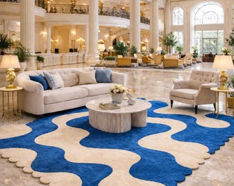 Modern Blue Wavy Hand Tufted Wool Rug Abstract Large Area Carpet for Living Room Luxury Contemporary Scalloped Custom Rugs 8x10 Ft