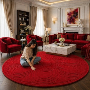 Luxury Red Round Hand Tufted Rug, Floral Pattern Carpet, Living Room Statement Rug, Plush Soft Area Rug, Custom Size Available