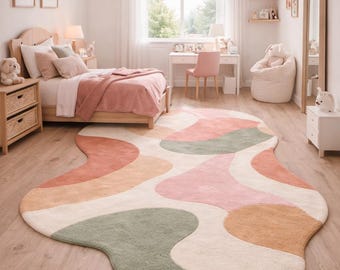 Abstract Tufted Rug, Modern Pastel Area Rug, Irregular Shape Carpet, Handmade Soft Wool Rug, Living Room Bedroom Decor
