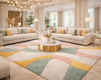 Alfombra moderna geométrica en tonos pastel tejida a mano, alfombra abstracta de lujo, alfombra de lana suave para la decoración del hogar, sala de estar y dormitorio.