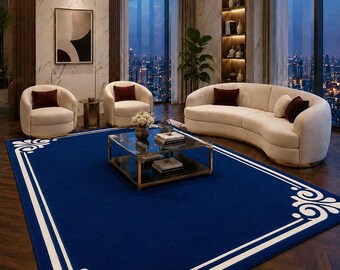 Hand Tufted Blue Border Rug, Luxury Modern Area Rug, Custom Wool Living Room Carpet, Minimalist Bedroom Rug, Handmade custom size available