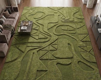 Modern Moss Green Abstract Hand Tufted Rug 3D Textured Wool Area Rug Custom Size Living Room Decor Premium Organic Large Carpet 8x10
