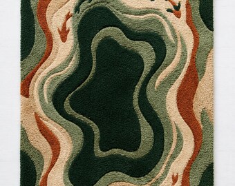 Hand Tufted Wool Rug Abstract Forest Green Terracotta Wavy Area Rug, Mid Century Modern 3D Topographic Custom Rug for Living Room Bed