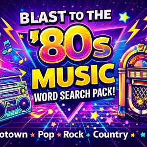 Blast to the 80s Music Word Search Printable Retro Puzzle Pack
